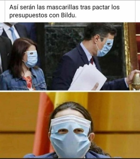 Imagen viral que circula donde aparecen Pedro Sánchez y Pablo Iglesias con mascarillas modelo ETA Imagen viral que circula donde aparecen Pedro Sánchez y Pablo Iglesias con mascarillas modelo ETA