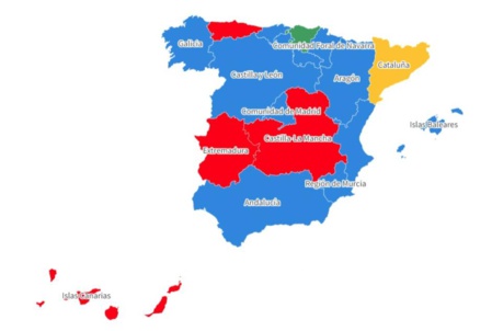 Mapa de España con predominio absoluto del azul tras las elecciones autonómicas de mayo de 2023 Mapa de España con predominio absoluto del azul tras las elecciones autonómicas de mayo de 2023