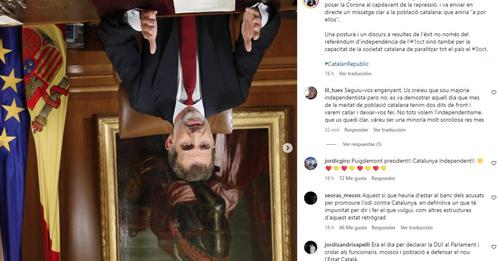 El Rey bocabajo, imagen publicada por Puigdemont para burlarse del Monarca, de los españoles y del discurso real de 2017.
