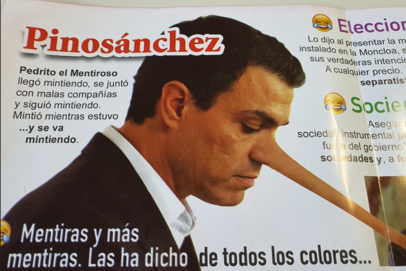Imagen de Pedro Sánchez-Pinocho, al que le crece la nariz por sus numerosas mentiras.