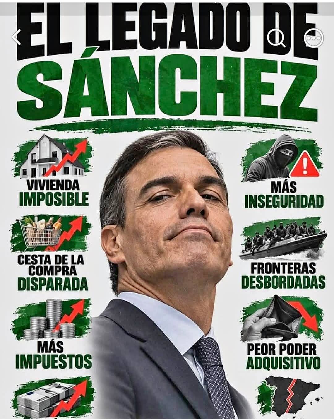 Sánchez es un ejemplo mundial de estafa a los ciudadanos y fracaso. Predica el progreso, pero crea injusticia, abuso, corrupción, odio y carencias profundas, de empleo, vivienda, seguridad, justicia y servicios que funcionen.